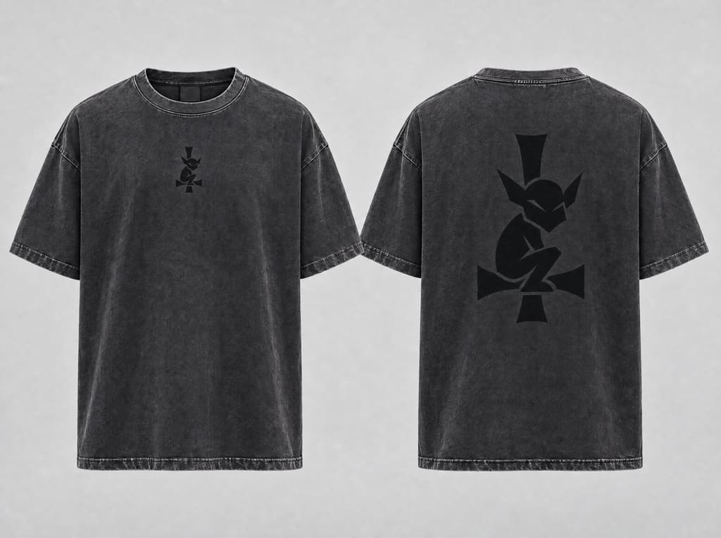 RELIC 01 Heavy Tee: KI-Konzeptvisualisierung · vorne / hinten